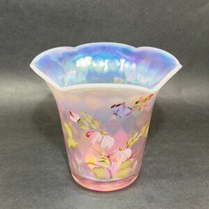 Vtg Shelley Fenton Glass Vase Diamond Optic Pink Iridescent Opalescent Signed